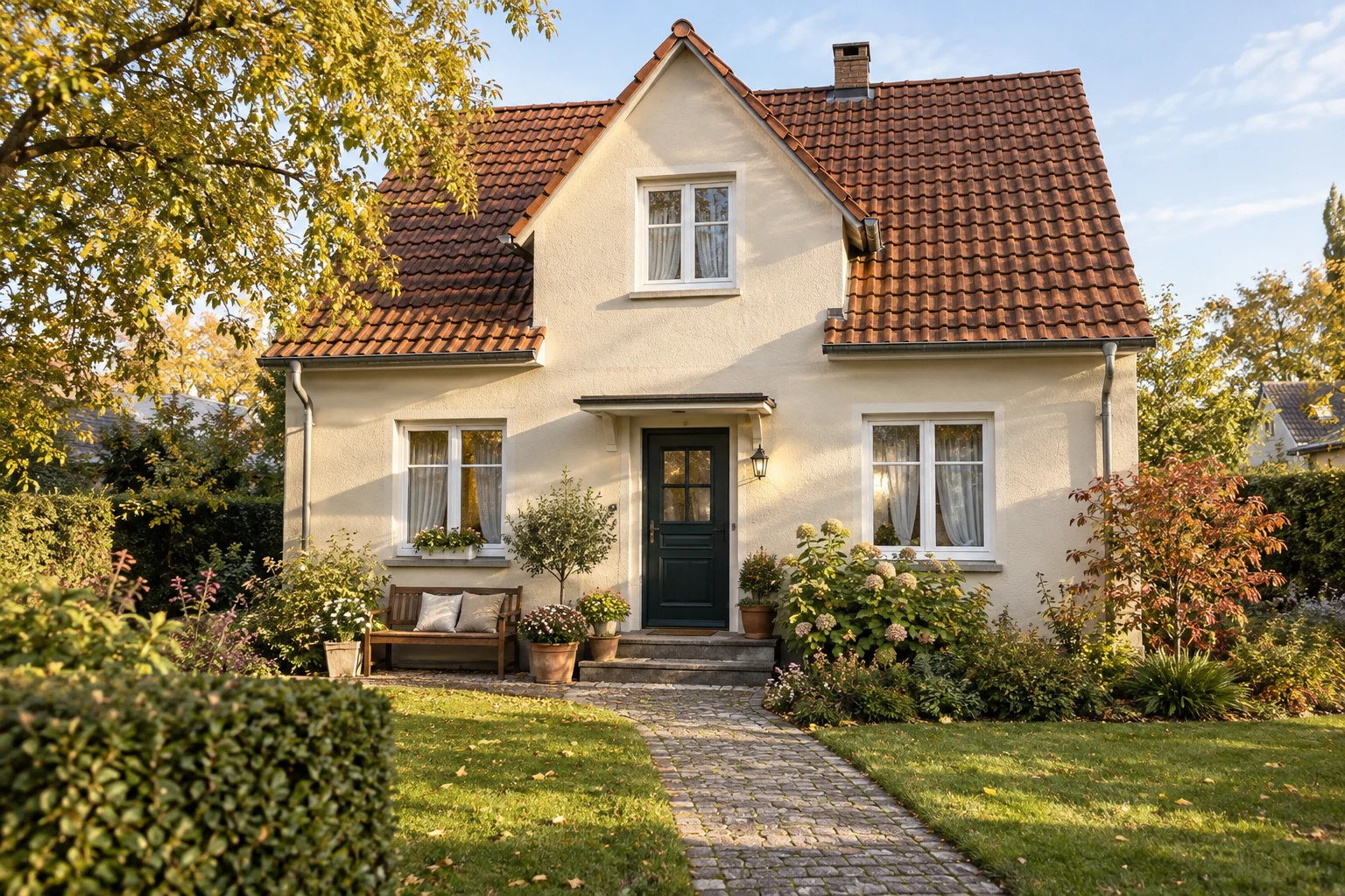 Hell verputztes Wohnhaus mit Ziegeldach, Sitzbank am Eingang und gepflegtem Vorgarten als neutrales Wohnmotiv.